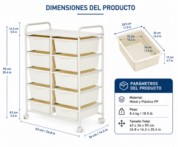 Carro Organizador con 10 Cajones y Ruedas Metálicas Carro Organizador con 10 Cajones y Ruedas Metálicas
