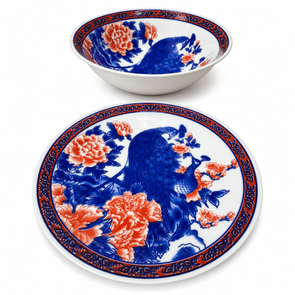 loza Loza Decorativa | Plato y Bowl Diseño Pavo Real set 8 piezas