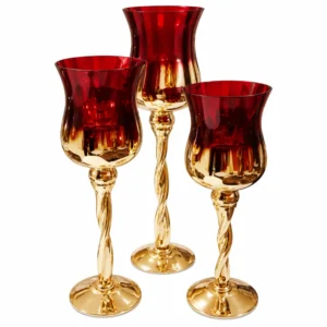 Set de 3 Portavelas Decorativos de Vidrio Rojo con Base Dorada