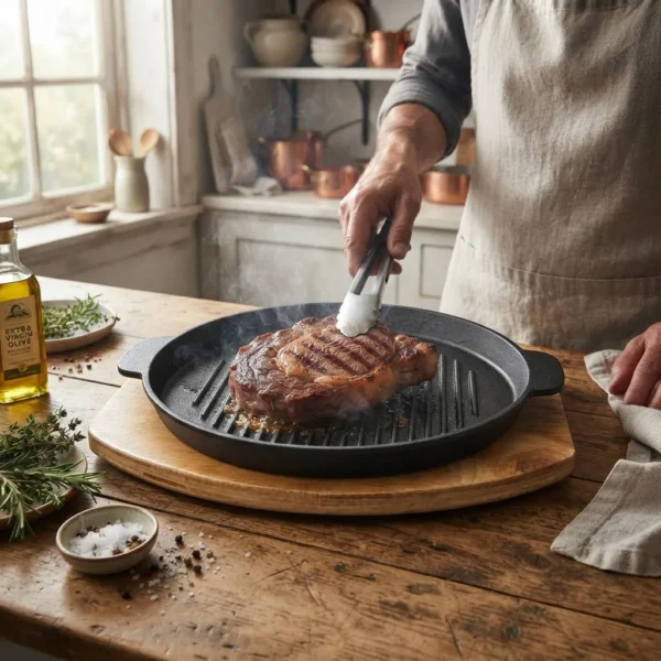 Plancha Grill de Fierro Fundido 24 cm con Base de Madera