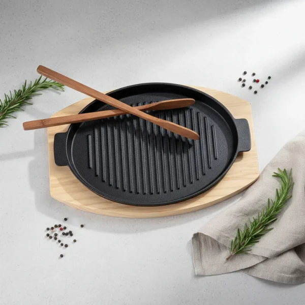 Plancha Grill de Fierro Fundido 24 cm con Base de Madera