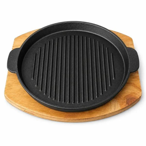 Plancha Grill de Fierro Fundido 24 cm con Base de Madera